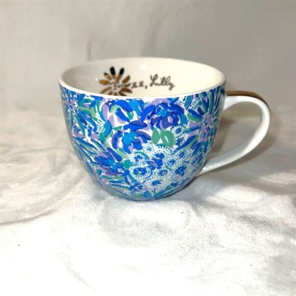 Lilly Pulitzer Blue Floral Paisley Ceramic Mug with Gold Accents